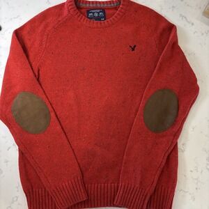 American Eagle Red Speckled Crewneck Sweater Suede Elbow Patches Preppy Mens MED